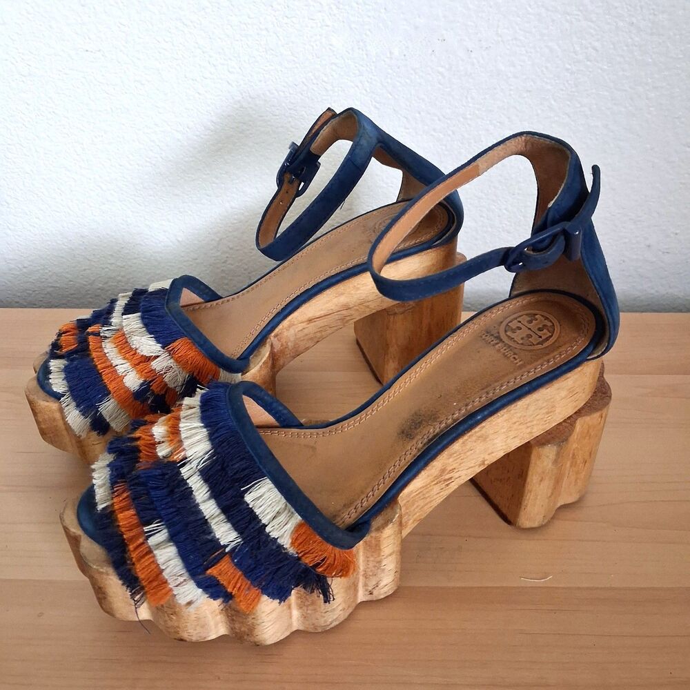 Tory Burch Fringe Platform Sandals Blue Suede SZ 8M Chunky Wood Buckle Strap - Picture 3 of 8